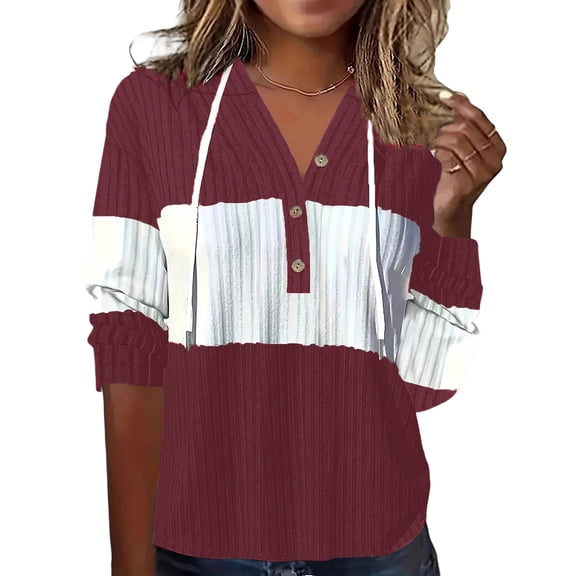 Ltctricy Hoodies for Women Long Sleeve Half Button Drawstring Color Block Ribbed Knit Sweatshirts Soft Casual Pullover Tops(Wine,X-Large)