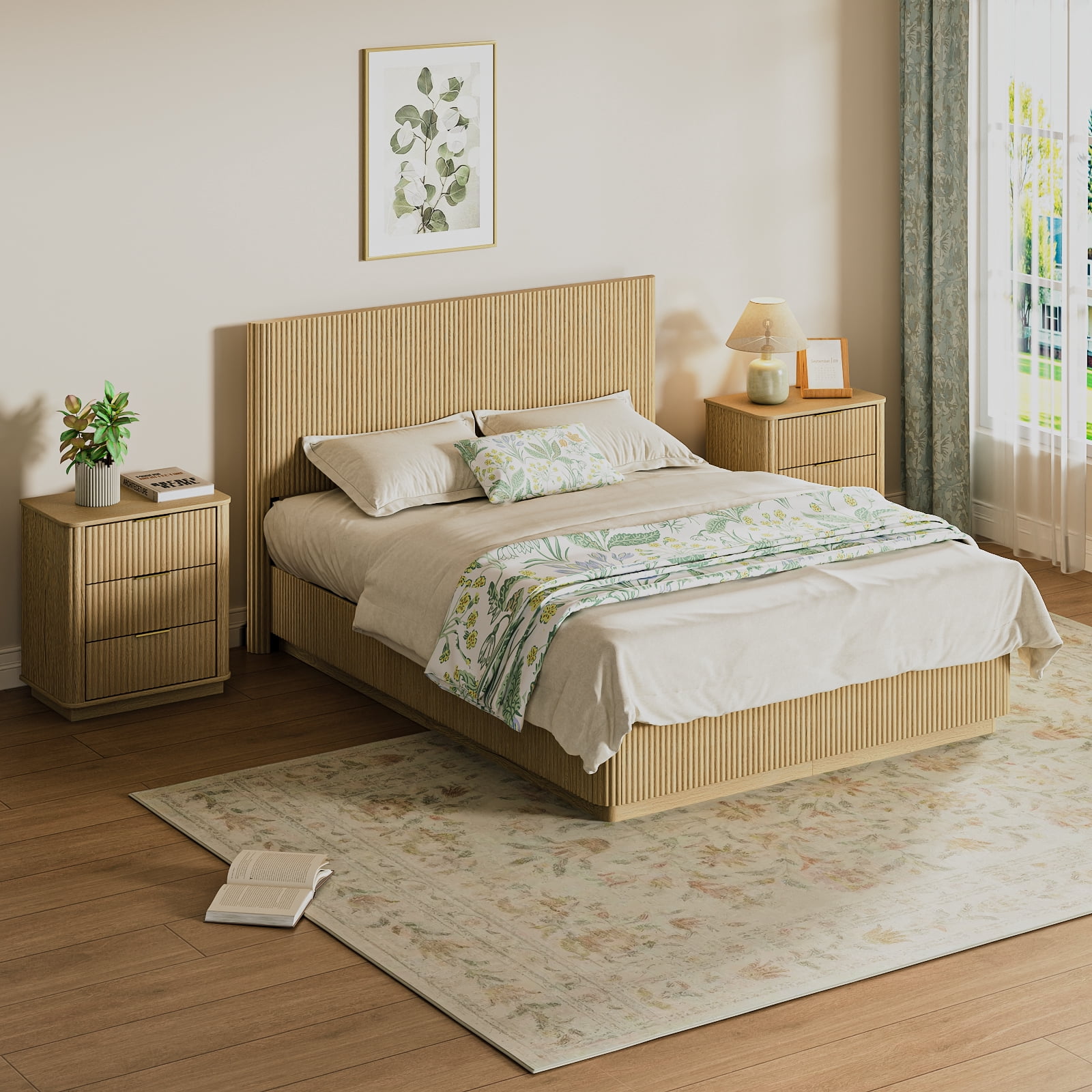 Queen Size Bed Frame with Built-In Nightlight System, Modern Wooden Corrugated Curved Lines Platform Bed, No Box Spring Needed, Adjustable Lighting, Oak
