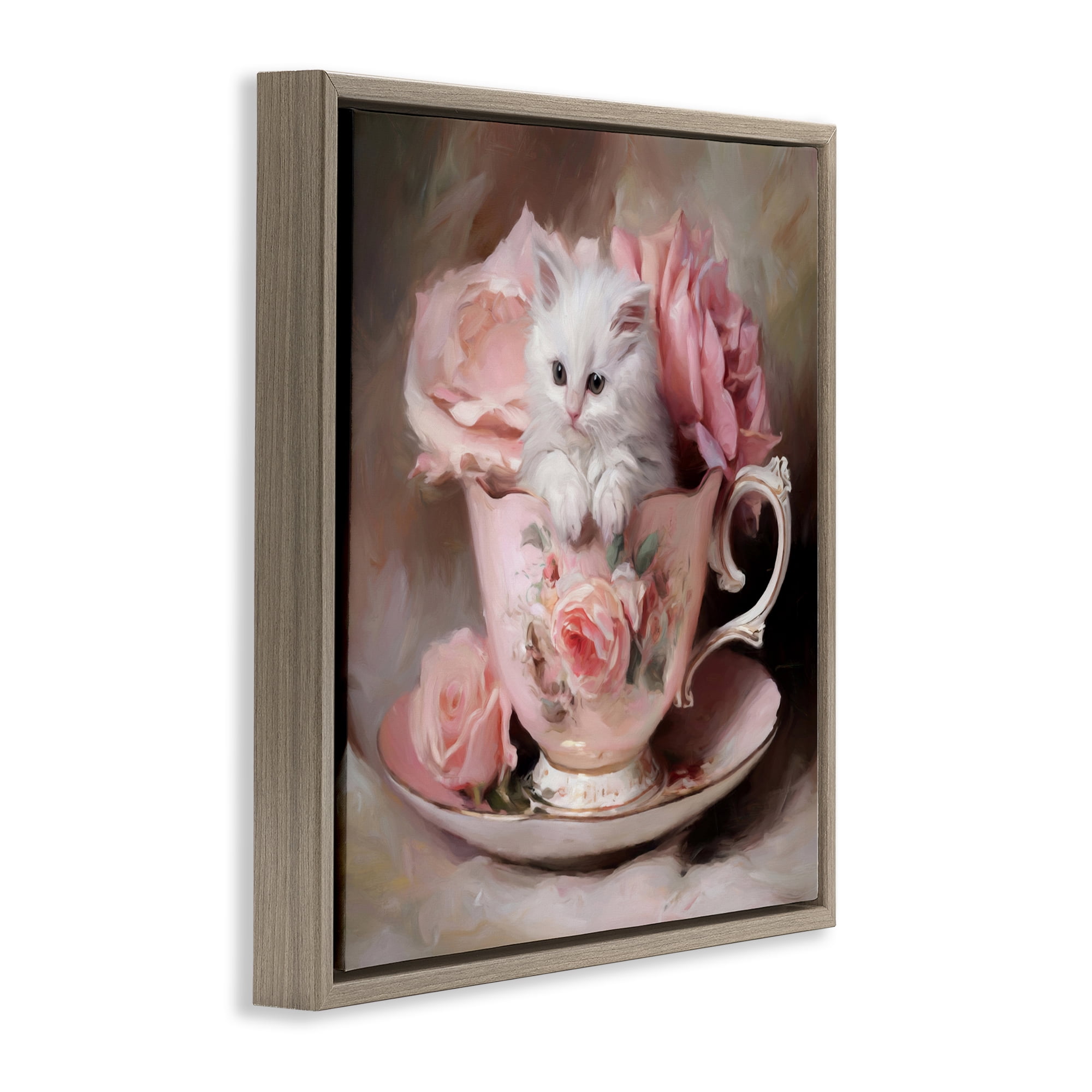 Stupell Industries Little Teacup Kitten Brown Framed Floater Canvas Wall Art, design by Tina LeCour