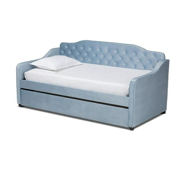 Bowery Hill Traditional Velvet Twin Size Tufted Daybed with Trundle in Blue