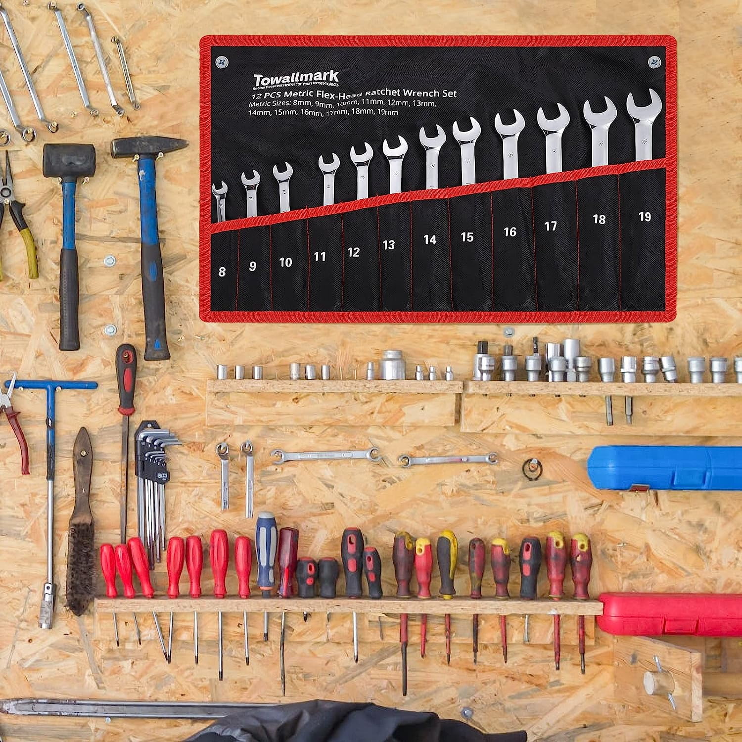 GoFashion 12-Piece Flex-Head Wrench Set, Ratcheting Combination Set, Metric 8-19mm, 72-Teeth,Cr-V Steel Ratchet Wrenches Set with Storage Bag