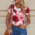 thumbnail image 6 of KLL Women 's Crew Neck Bodysuit Jumpsuits Rose Print Short onesies Stretch T Shirts, 6 of 7