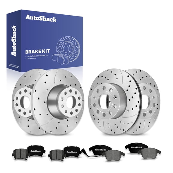 AutoShack Front & Rear Brake Rotors & Premium Pads for Volkswagen, Jetta 2005-2009 Golf 2010, FWD L4 1.8L 1.9L 2.0L L5 2.5L - Silver Zinc Coated Drilled & Slotted - SilverShield Pro