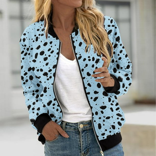 Ailaofu Womens Zip up Sweatshirt Jacket Stand Collar Hoodless Outerwear Casual Print Long Sleeve Bomber Coat with Pocket Fall