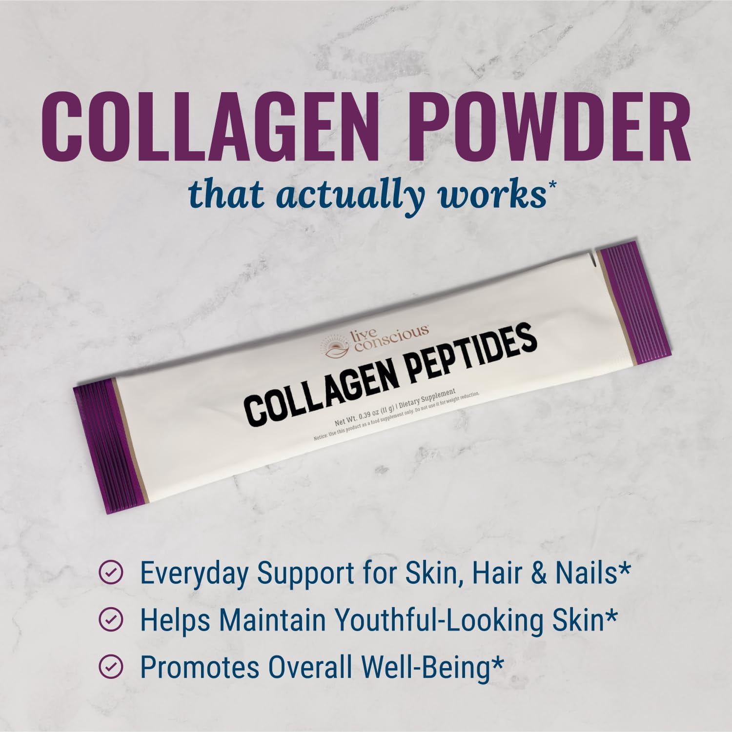 Live Conscious Collagen Peptides Packets with Biotin & Vitamin C - Grass-Fed, Hydrolyzed, Hair Skin Nail & Joint Support for Adults - 20 pack