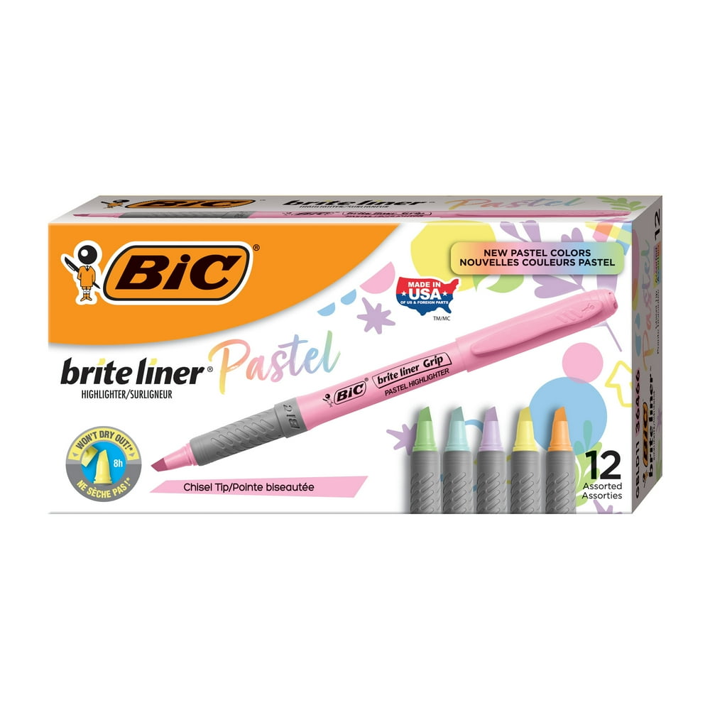 BIC Brite Liner Grip Pastel Highlighters, Assorted Colors, 12 Count