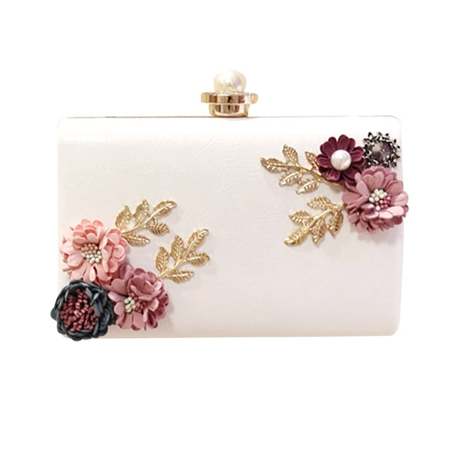 Bolso de noche de cuero para mujer, cartera de mano con flores para cena, fiesta, boda, color blanco (flores aleatorias)