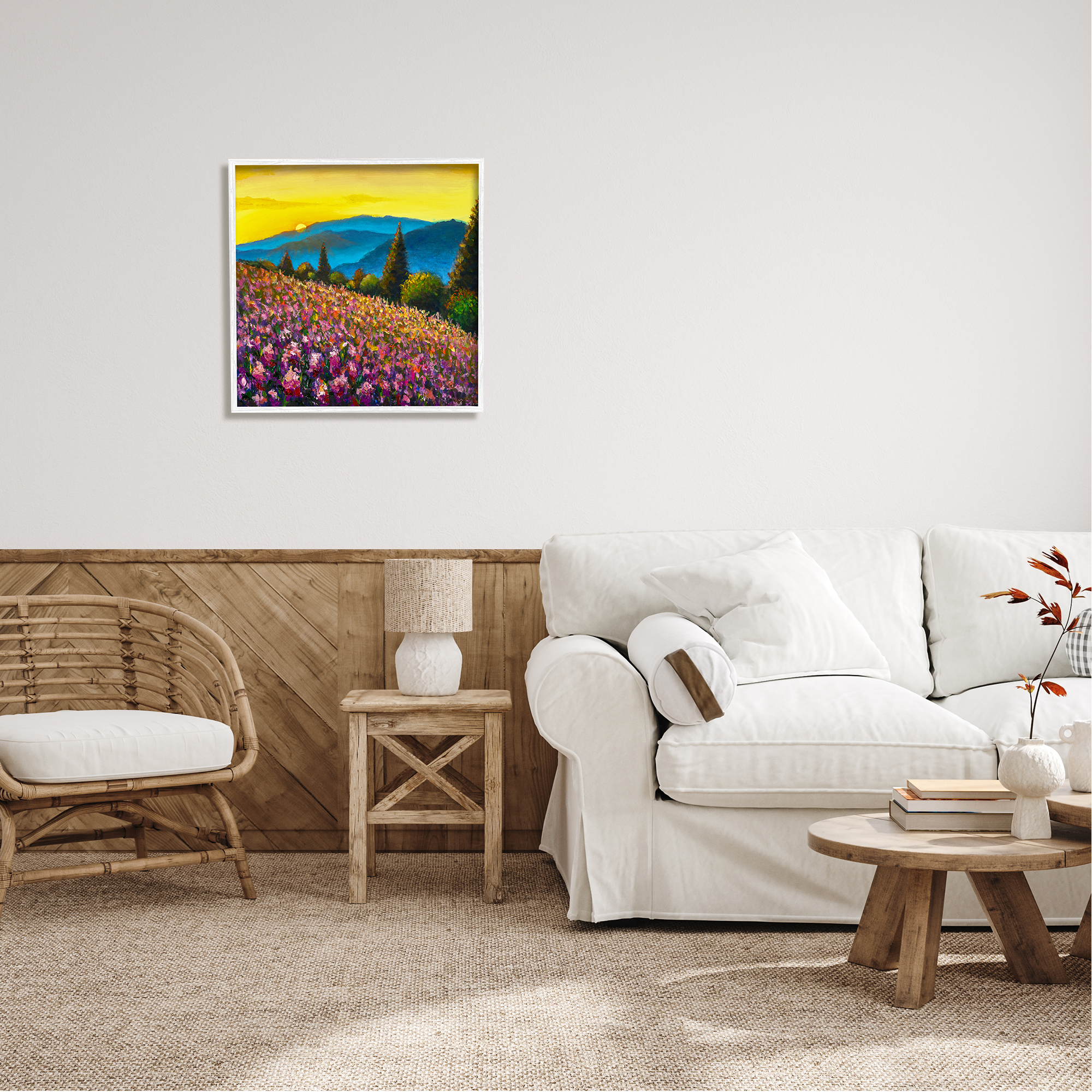 Stupell Industries Vivid Mountain Meadow Scenery Nature Painting White Framed Art Print Wall Art, 24 x 24