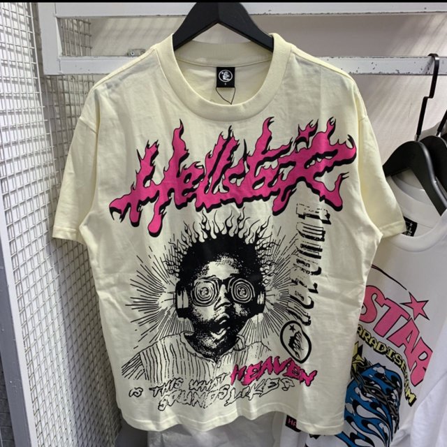 Nuevo Hell Star, marca urbana de moda, versátil, manga corta, cuello redondo, suelto y delgado para hombres y mujeres101 albaricoque