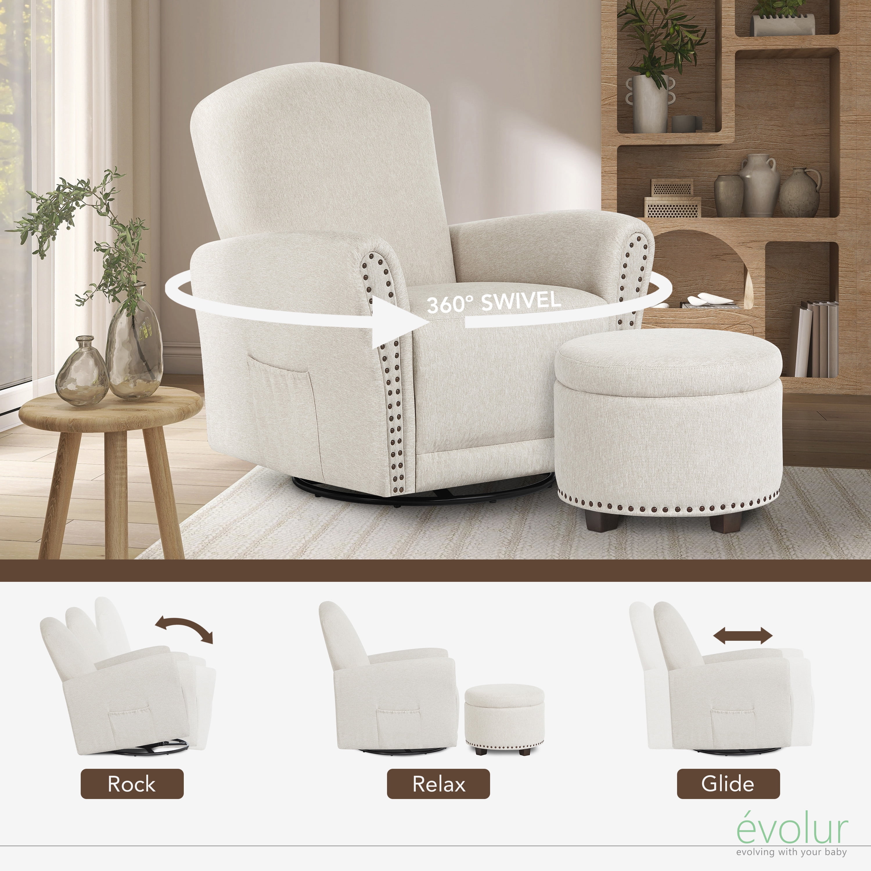 Evolur Vienna Swivel Glider with Ottoman and Nailhead Trim, Greenguard Gold Certified, Made from Sturdy and Sustainable FSC-Certified Wood, Sweet Cream