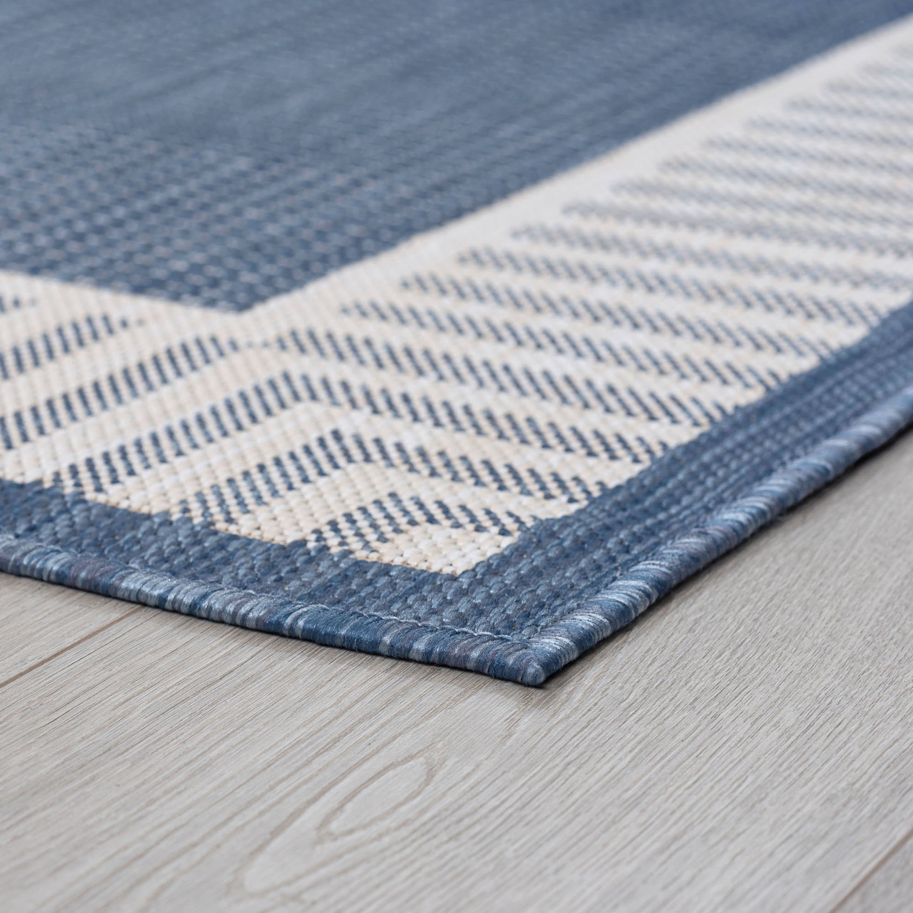 5x8 Water Resistant, Indoor Outdoor Rugs for Patios, Front Door Entry, Entryway, Deck, Porch, Balcony | Outside Area Rug for Patio | Blue, Striped Border | Size: 5'3'' x 7'3''