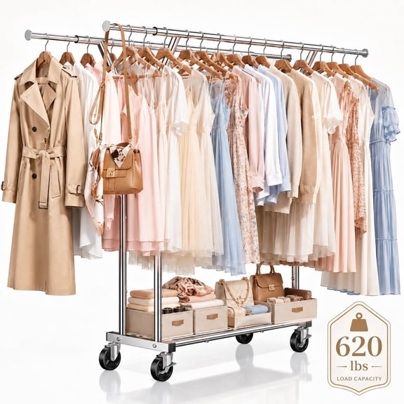 620 lbs Heavy Duty Clothes Rack with Wheels and Adjustable Double Rods Stainless-Steel Garment Rack with Mesh Shelf and Adjustable Height Clothes Drying Rack, 66"L×62"H×17"W