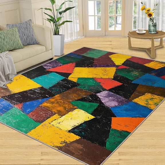 Geometric Bedroom Area Rug, Abstract Geometric Rugs for Living Room, Colorful Carpet, Non Slip & Low-Pile, Indoor Washable Rugs & Home Decor 5 x 6ft