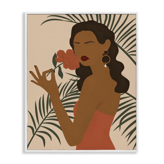 Stupell Industries Glam Woman With Red Floral over Green Palm Leaves White Framed Giclee Art, 11 x 14, by JJ Design House LLC