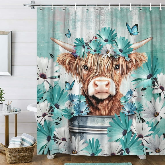 Cute Cow Shower Curtain, Rustic Teal Blue White Daisy Floral Funny Western Cattle Shower Curtain for Farmhouse Decor, Country Animal Bull Turquoise Bathroom Accessories Set 12 PCS Hooks, 70X70IN