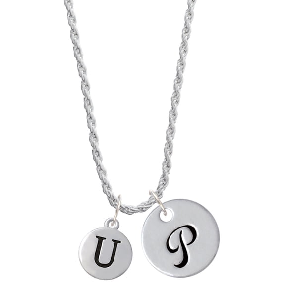 Delight Jewelry Silvertone Capital Letter - U - Pebble Disc - Silvertone Script Initial Disc - P - Charm Necklace, 20"+3"