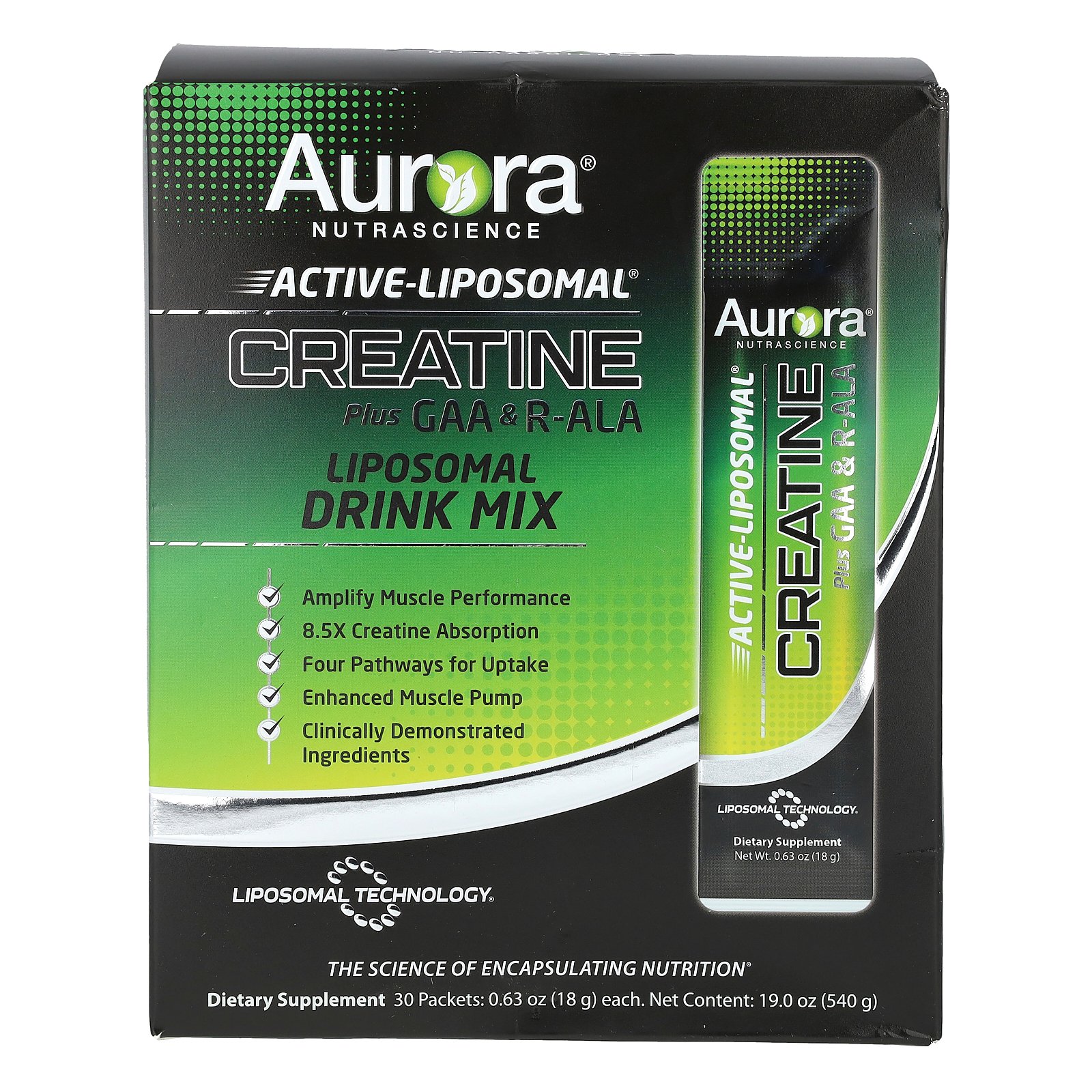 Aurora Nutrascience Active Liposomal®, Creatine Plus GAA & R-ALA, 30 Packets, 0.63 oz (18 g) Each