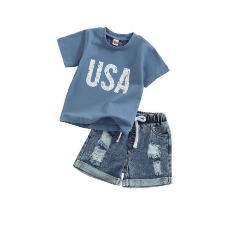 

4th of July 2Pcs Toddler Baby Summer Outfit USA Print Tops + Denim Shorts Independence Day Set