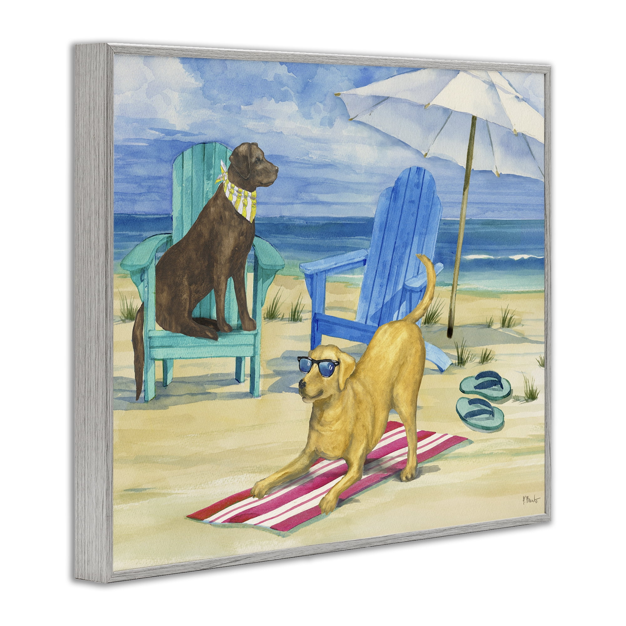 Stupell Industries Dogs on Beach Towel Animals & Insects Painting Gray Framed Art Print Wall Art, 30 x 24