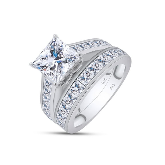 4 CT Princess Cut Lab Created Moissanite Diamond Engagement Wedding Bridal Ring Set 14K White Gold Plated 925 Sterling Silver (4 Cttw) Size 6