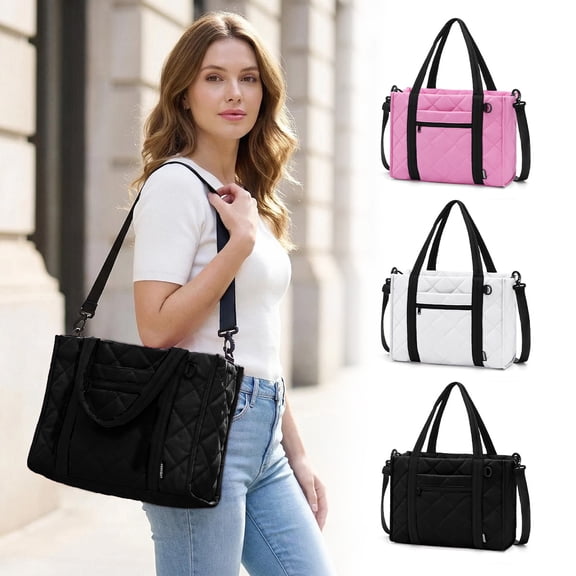 WANDF Puffy Quilted Tote Bag for Women,Work Totes for Ladies,Nurse,Doctor,Teacher,College,Lightweight Soft Handbag with Strip,Shoulder Bag for Travel,Work,Shopping(Black)