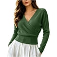 thumbnail image 2 of Bzdzmqm Womens V Neck Wrap Sweater Long Sleeve Ribbed Knit Slim Fit Pullover Top Fall Winter Office Work Wear, Bronze L, 2 of 9