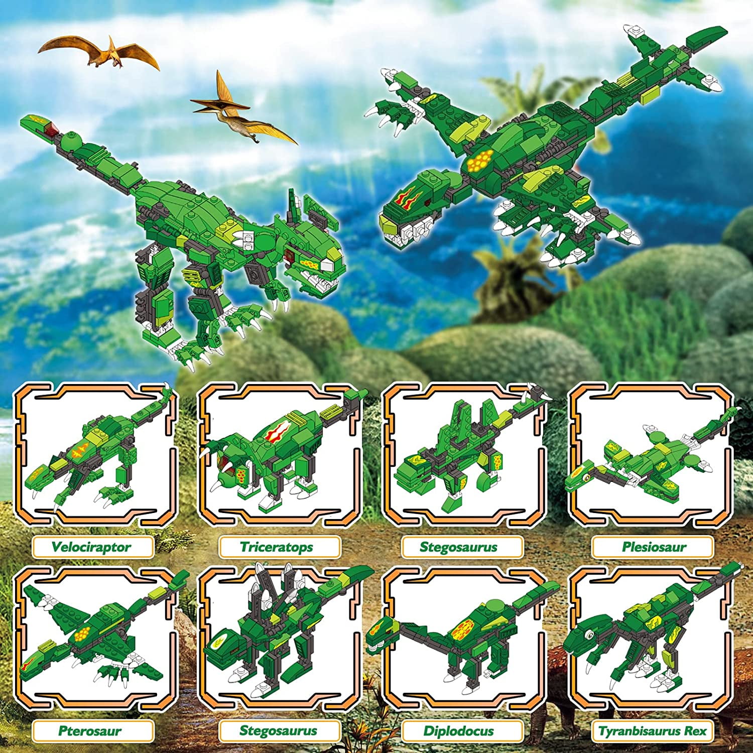 876 Pcs Dinosaurs Building Toys Set, 8 in 1 Building Blocks Kit with Storage Bucket, ENP 3 Headed Dinosaur Toys for Boys Girls, Gifts for Kids 6-12, Green