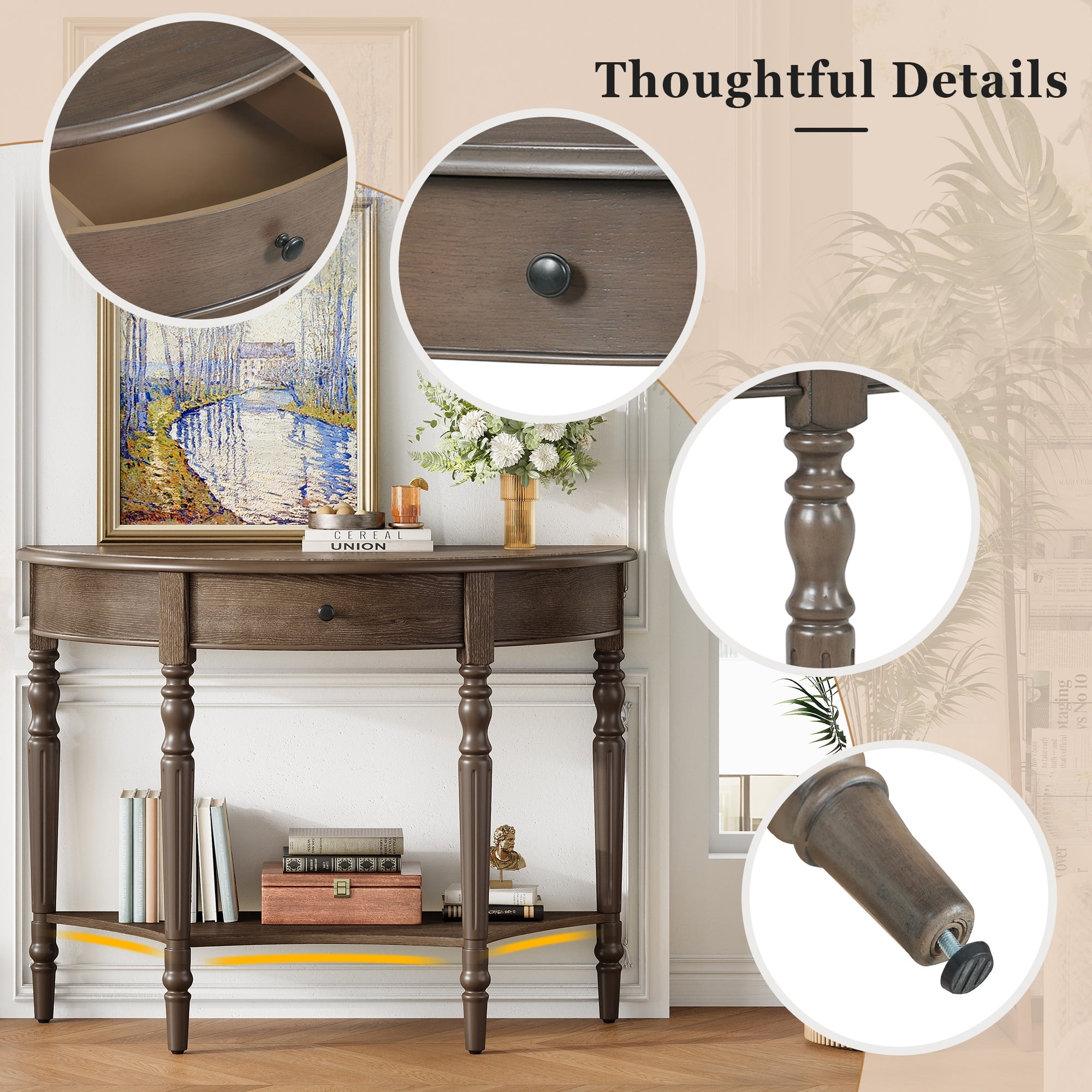 Farmhouse Half Moon Console Table with Drawer & Shelf, Rustic Accent Table, Sofa Table for Entryway, Living Room, Hallway and Foyer (Walnut)