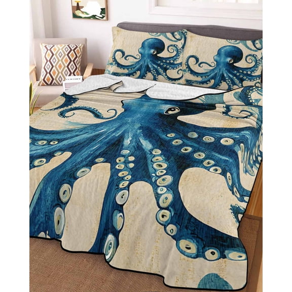 Vintage Blue Octopus Twin Size Down Alternative Comforter, Lightweight Comforter Quilt Bedding Set with Pillow Shams Summer Coastal Ocean Wave All Seasons Bed Comforter Duvet Insert 68"x86"