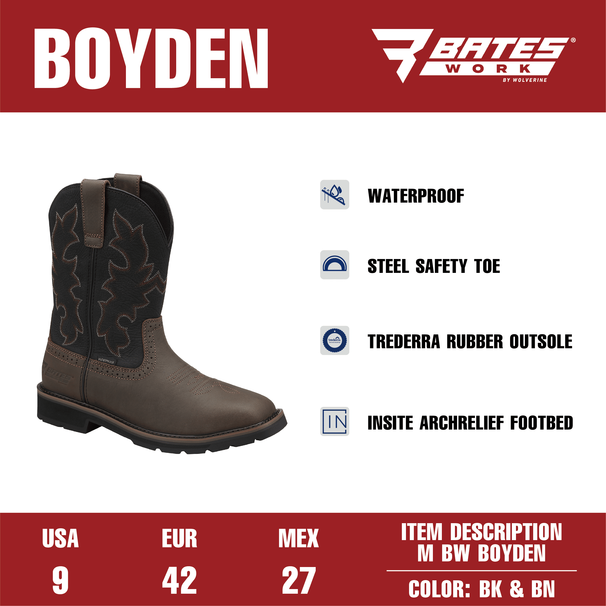 Bates Work by Wolverine Men's Boyden Waterproof Steel Toe Western Work Boot