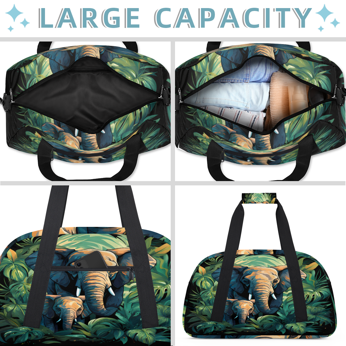 Herdesigns Sports Duffle Bags Travel Duffle Bag Gym Bag Jungle Elephant Weekender Travel Bag Waterproof Overnight Bag Carry On Travel Tote Bag Dance Bags