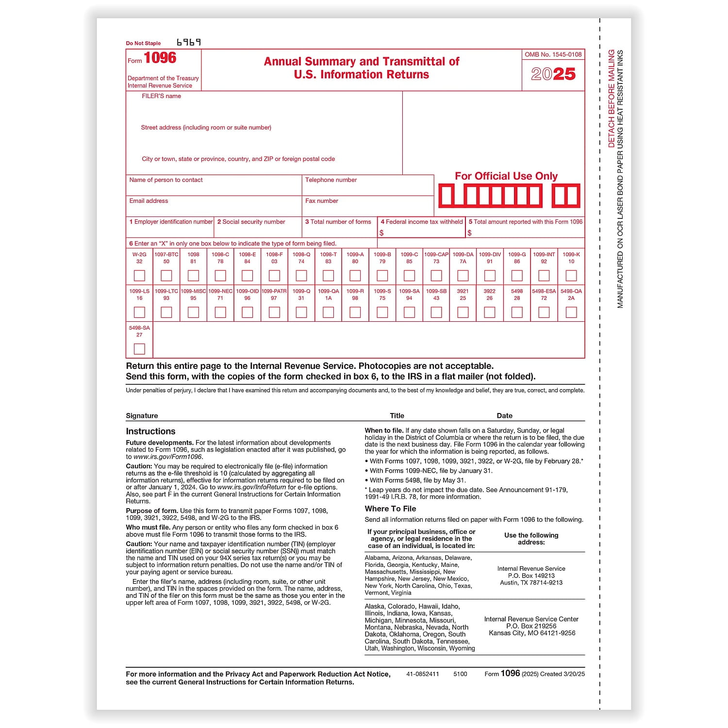 ComplyRight 2025 1096 Tax Form 1-Part Transmittal 10/Pack (510010)