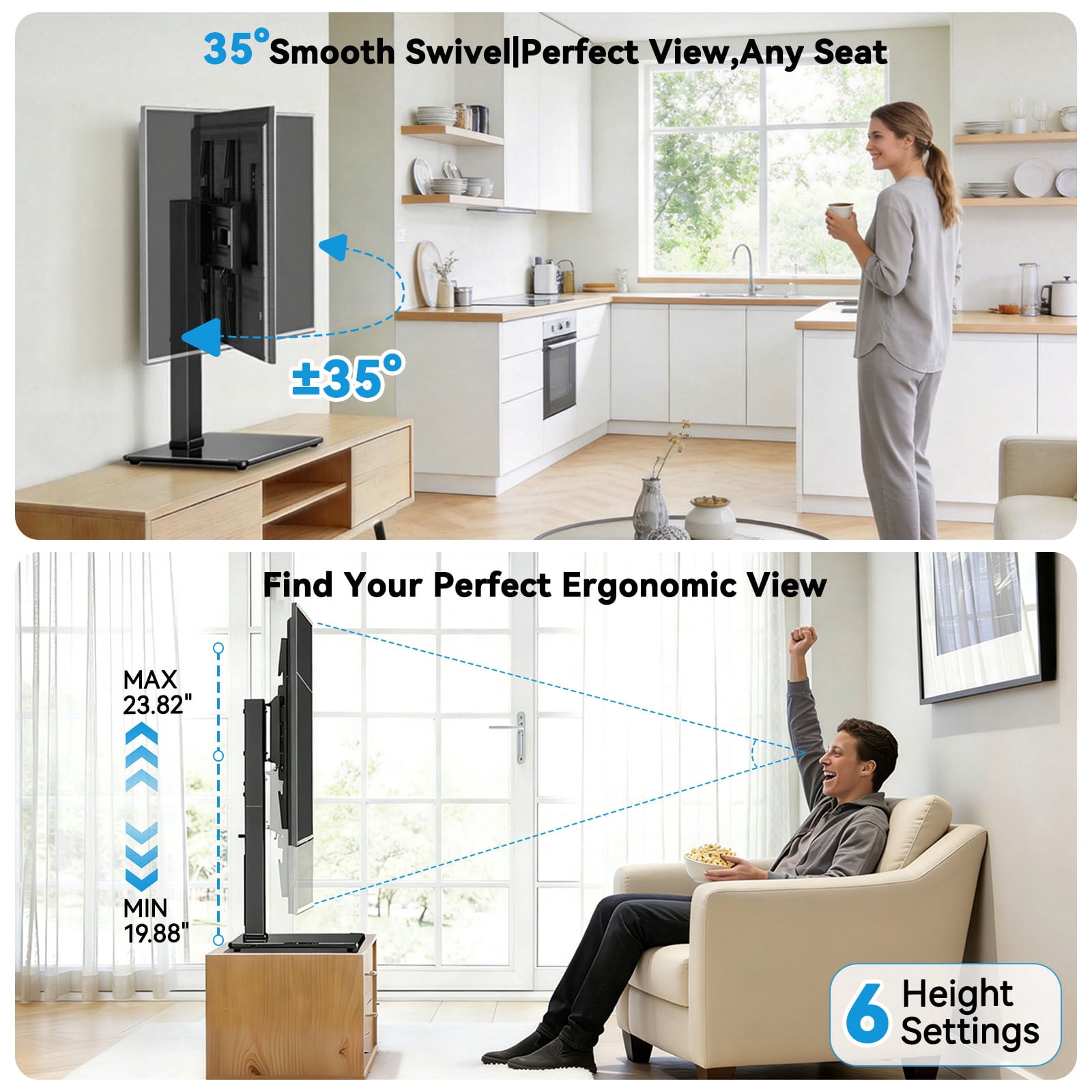 MountFTV Universal Swivel TV Stand with Power Outlet for 32-80 inch TVs up to 99 lbs, Table Top TV Stand Mount with 6 Height Adjustable, Tempered Glass Base,Max 600x400mm