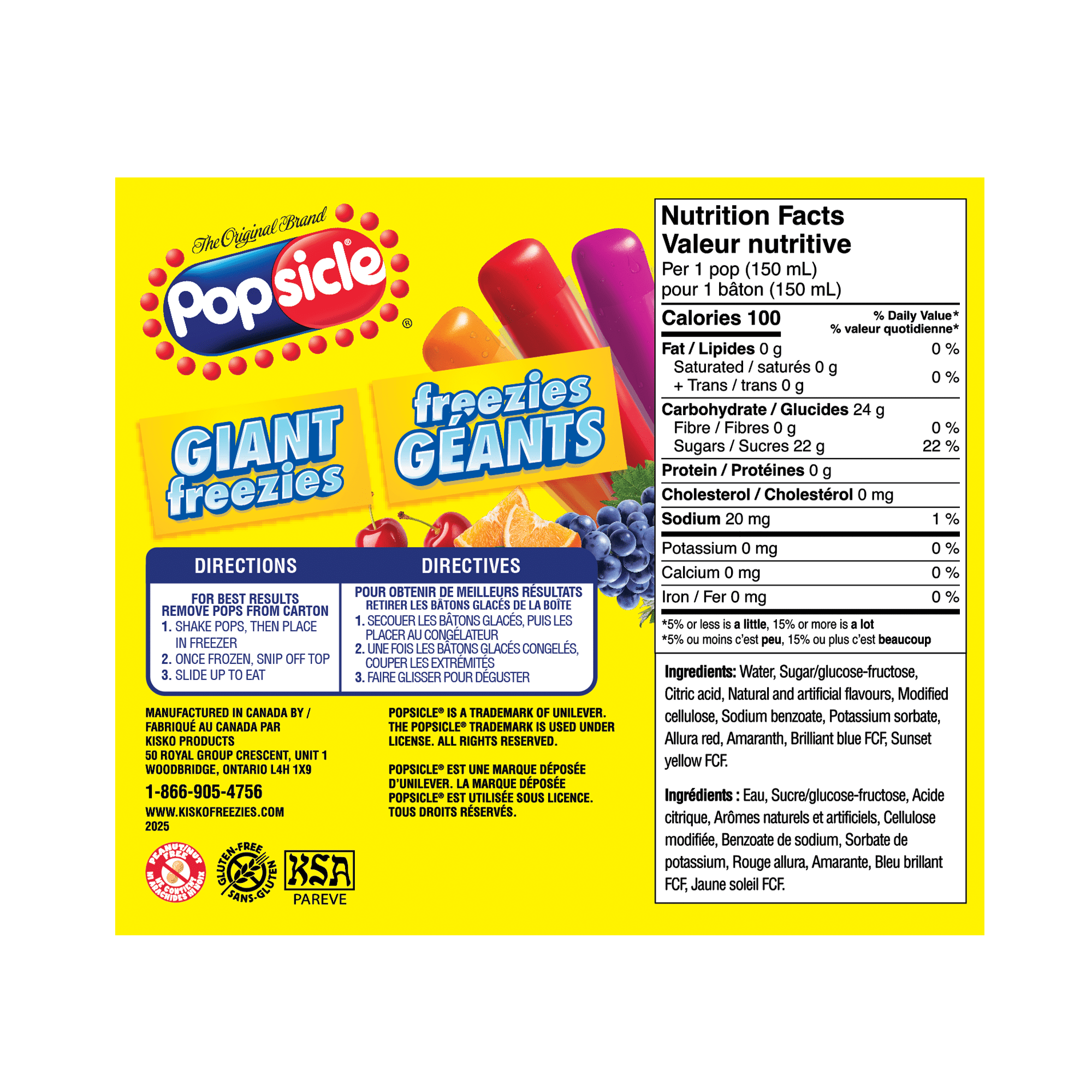 Popsicle Giant Freezies - Orange, Cherry, Grape - 27 x 150 ml, 27 x 150 ml