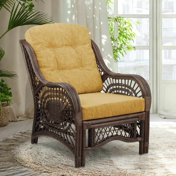 SK New Interiors Malibu Lounge Armchair ECO Natural Rattan Wicker Handmade Design with Light Brown Cushion, Dark Brown
