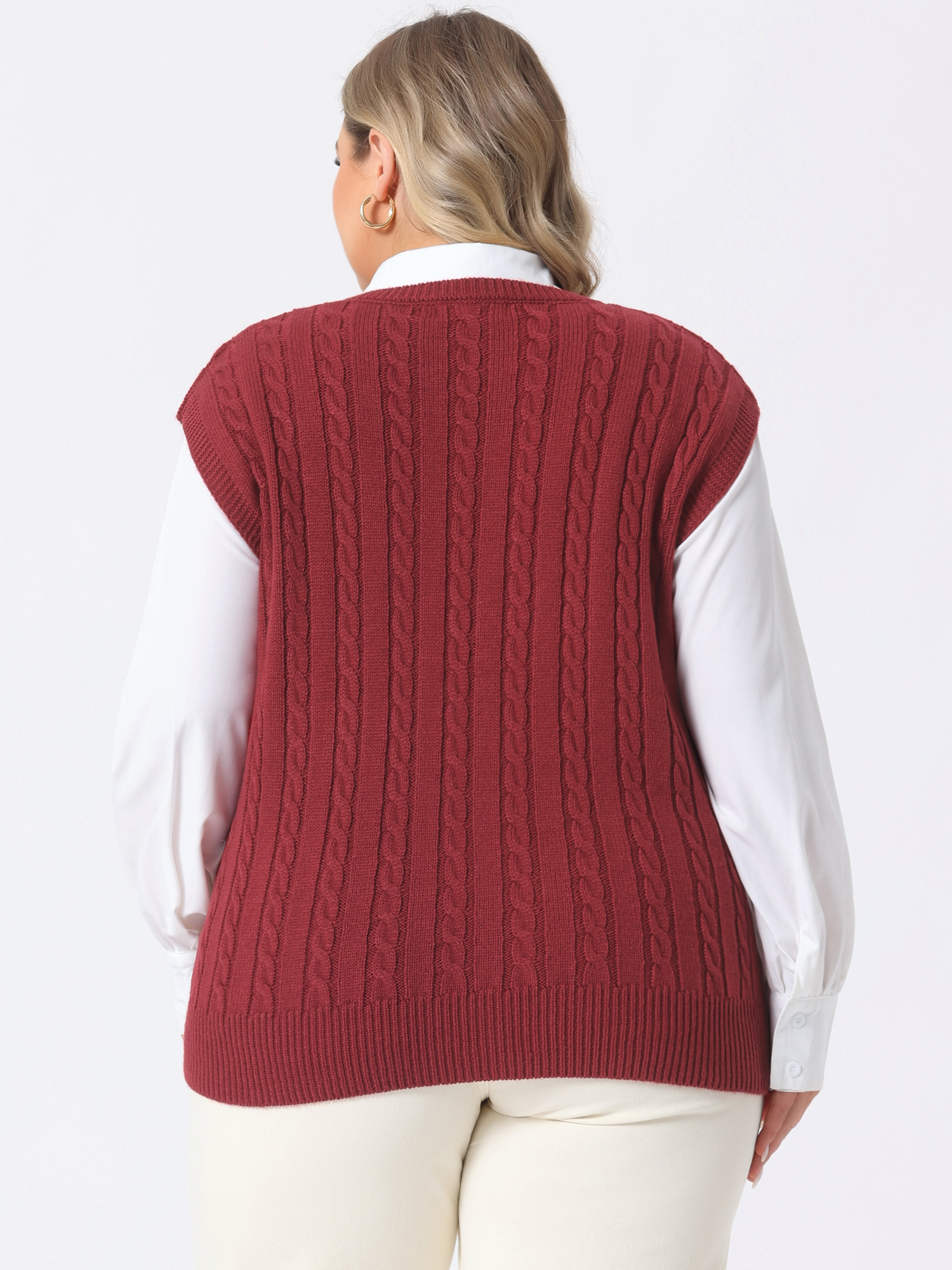Unique Bargains Women's Plus Size V Neck Cable Knit Sweaters Tank Tops 4X Burgundy