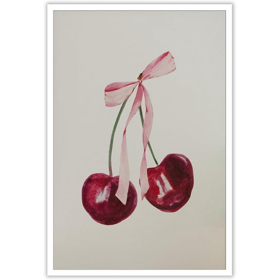 Aaheei Retro Trendy Watercolor Cherries Poster Vintage Fruit Prints Painting Pink Bow Painting Decor Cherry Print Canvas Wall Art Funky Preppy Room Aesthetic