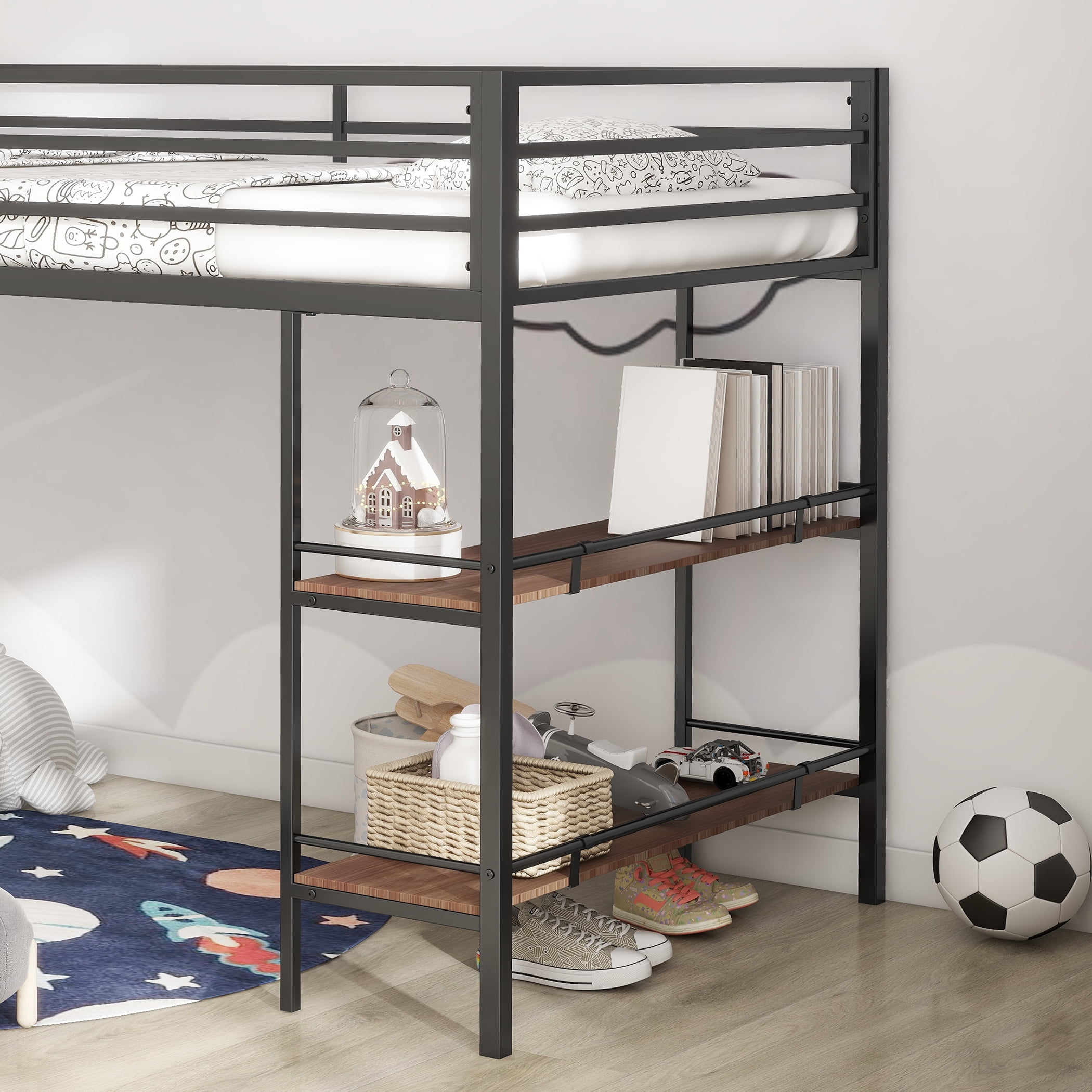 Miniyam Modern Metal Twin Size Loft Bed with Desk for Kids and Teens, Black