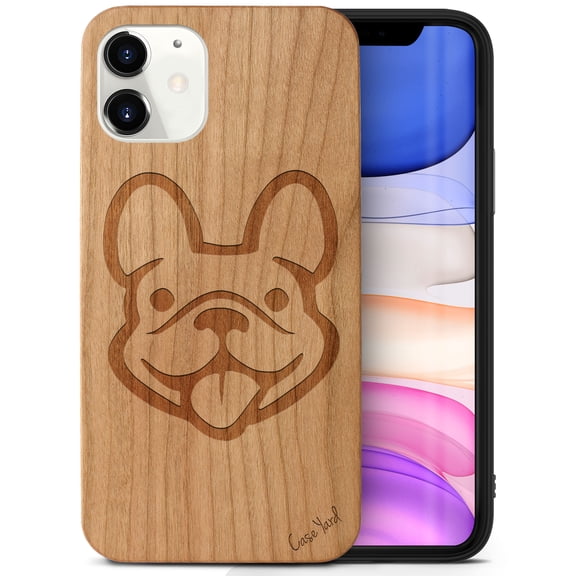 Case Yard Wooden Case Outside Soft TPU Silicone, Slim Fit Shockproof Wood Protective Phone Cover for Girls Boys Men and Women, Supports Wireless Charging Dog Face Design case for iPhone-11