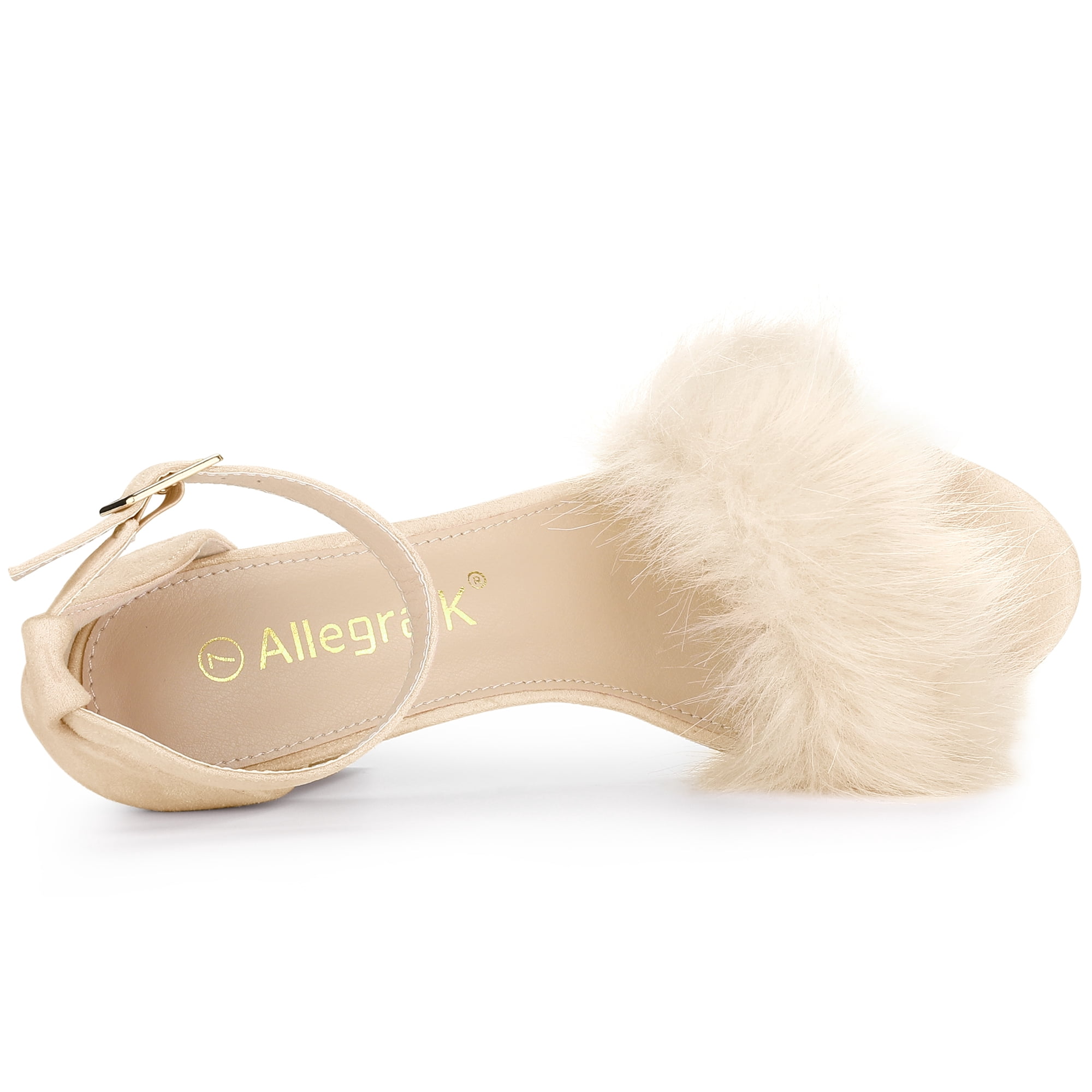 DARING DIVA Women's Ankle Strap Faux Fur Block Heels Beige Sandals for Wear Beige 10