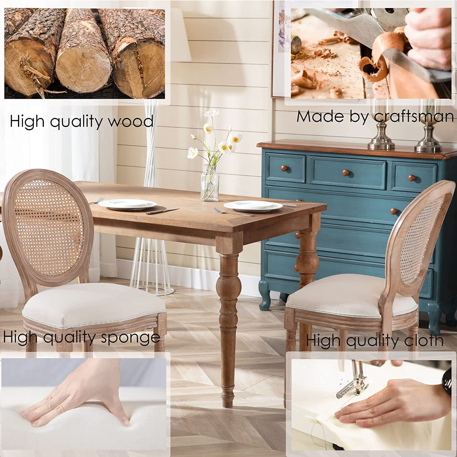 Sumdeal French Dining Chairs Set, Upholstered Vintage Farmhouse Chair,Mid Century Fabric Chair with Solid rubberwood Leg for Dining Room Bedroom Kitchen Restaurant