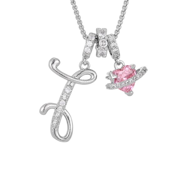 Vadktai 3-Circle Pink Heart-Shaped Diamond-Encrusted Crystal Initial A-Z Pendant Necklace, Stackable Jewelry for Women, Diamond-Studded Plated Letter Tiny Initial Necklaces Birthday Gifts for Women