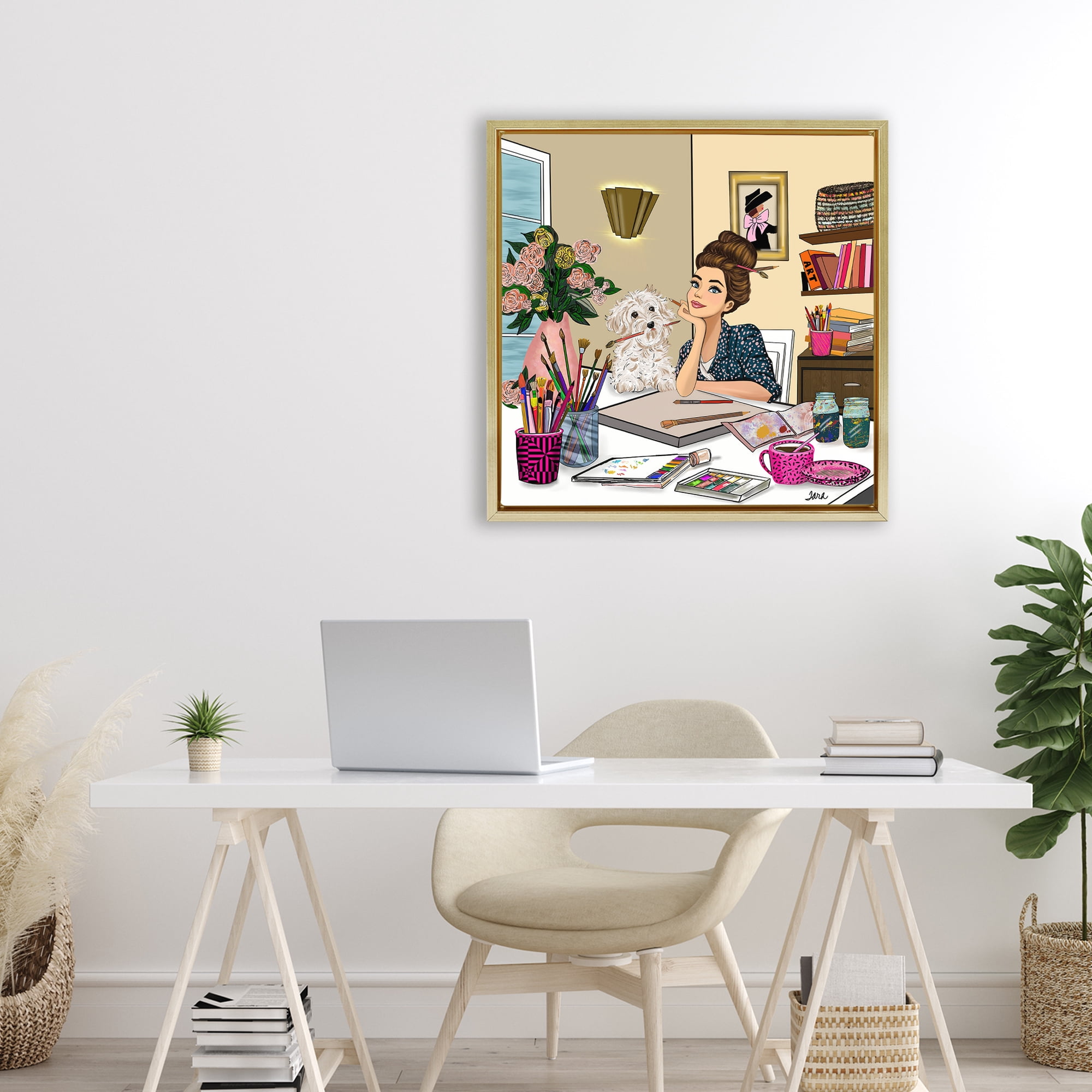 Stupell Industries Creative Art Girl at Desk Gold Framed Floater Canvas Wall Art, design by Tara Boone