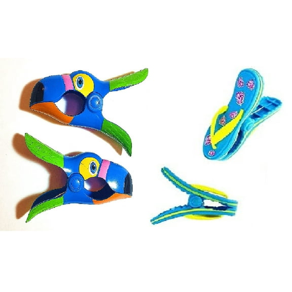 2 Set (4 Ct) Blue Toucan / Blue Flip Flops Beach Towel Clips Jumbo Size for Beach Chair, Cruise Beach Patio, Pool Accessories for Chairs, Household Clip, Baby Stroller