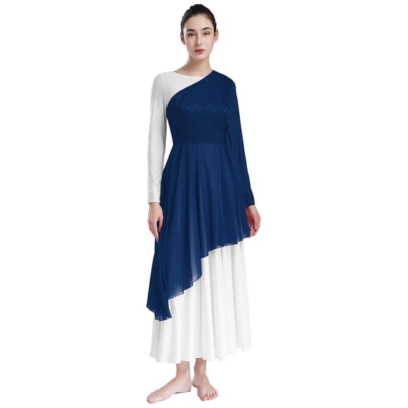 Alvivi Robe de Danse de Louange pour Femmes une Épaule Église Louange Danse Superposition et Tuniques Bleu Marine m
