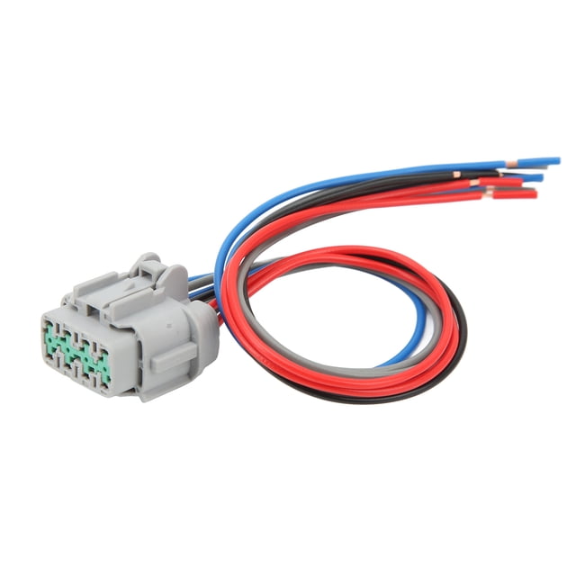 conector de cola de coleta de faros delanteros, alo de los faros de la velocidad de transmisió arnés de conector delantero para faro 350Z, vista frontal centrada de un conector gris de plástico con seis cavidades verdes visibles y cables pelados rojo, negro y azul enrollados sobre fondo blanco; también suele usarse como arnés de reemplazo para reparaciones eléctricas de faros.