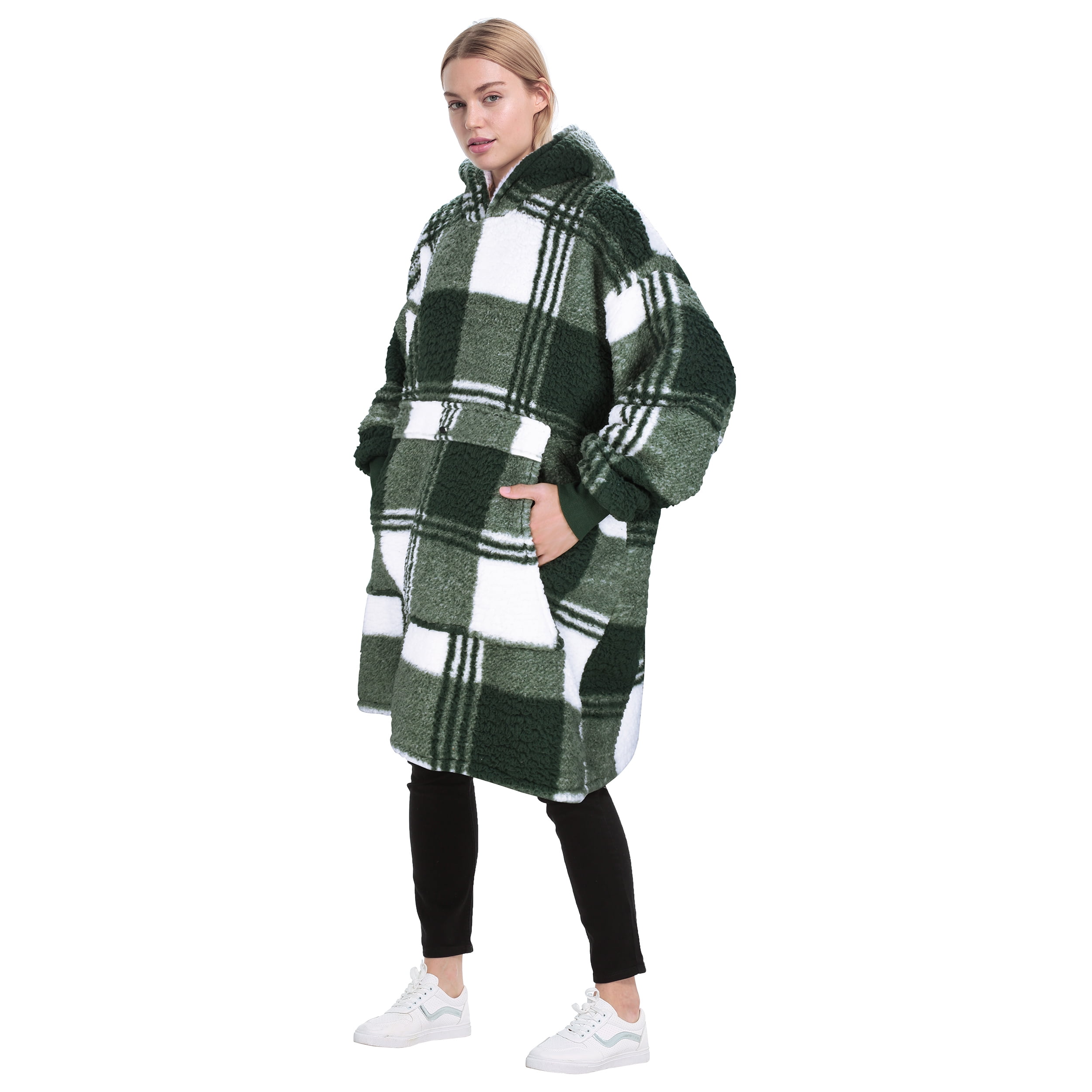 Catalonia Plaid Oversized Wearable Blanket Hoodie Sweatshirt, Comfortable Sherpa Lounging Pullover for Men Women Wife Girlfriend