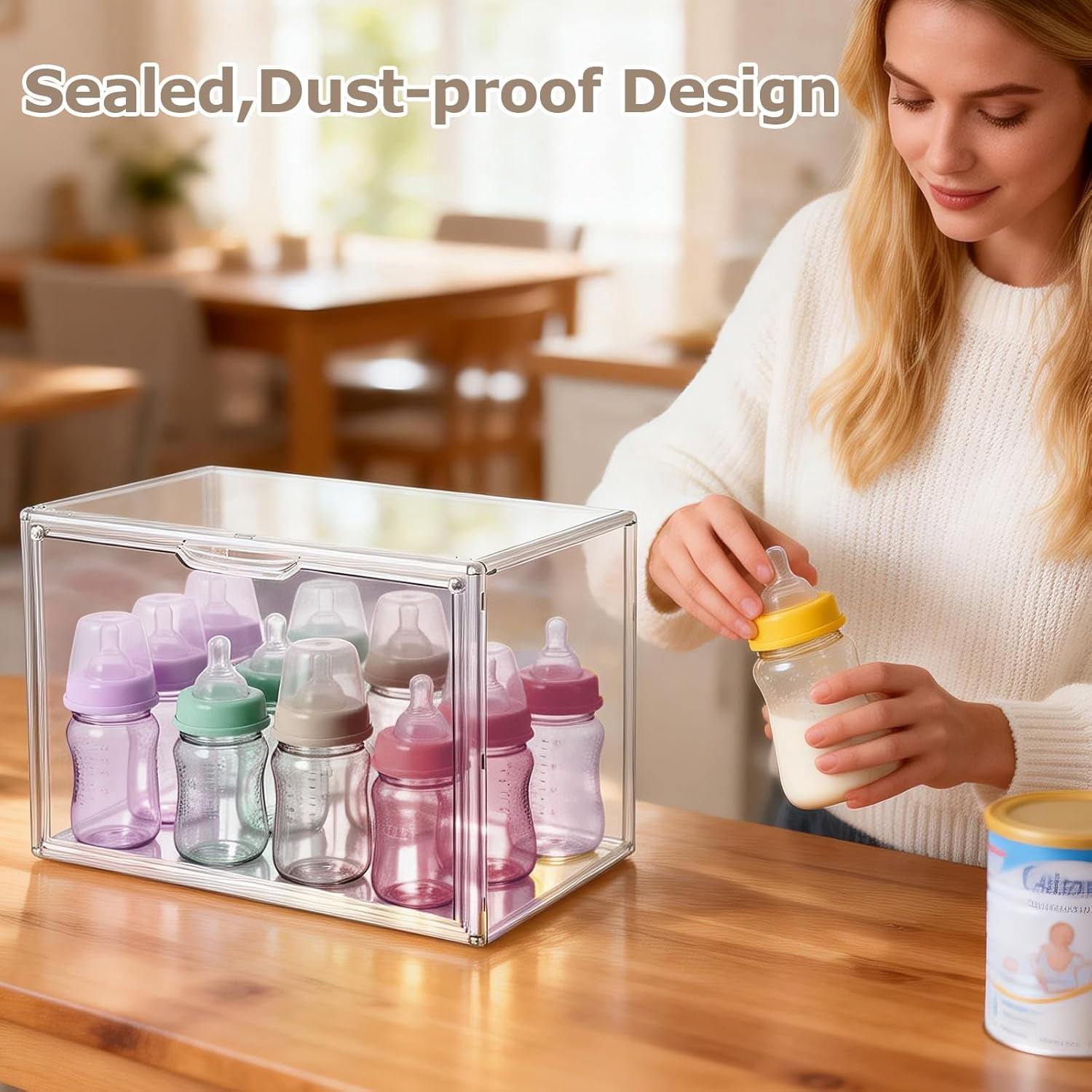 Baby Bottle Organizer, Stackable Clear Cabinet And Countertop Storage Bin With Magnetic Door For Bottles, Pacifiers And Pump Parts, Clear