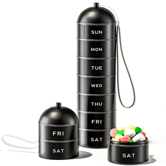7 Day Metal Pill Organizer, Weekly Travel Pill Box 1 Times a Day, Stackable Aluminum Pill Case, Black Sleek Medicine Organizer, Medication Container for Daily Vitamins,Supplements and Medicines