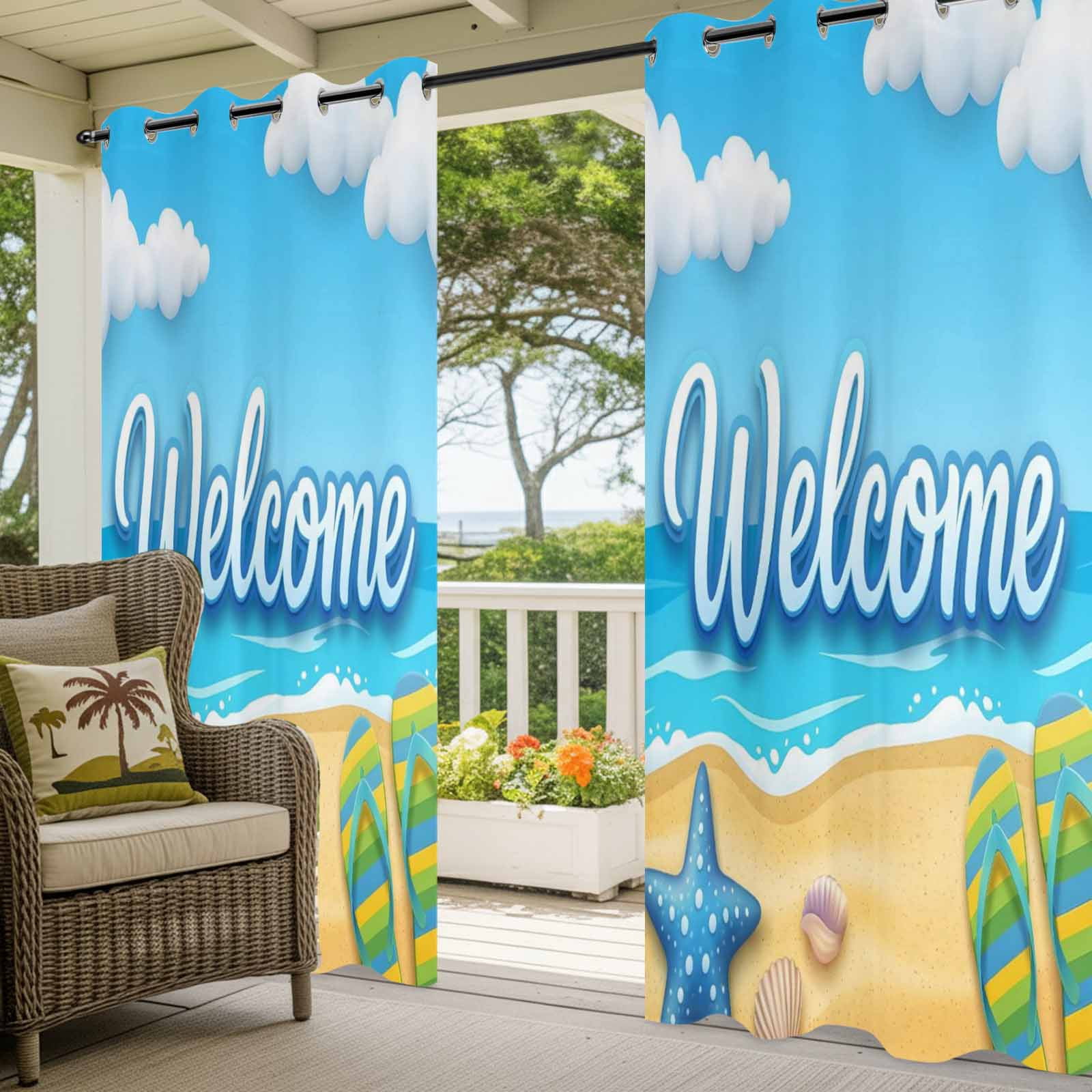 Welcome Summer Beach Outdoor Curtains for Patio, Coastal Watercolor Blue Ocean Starfish Shell Slipper Sunshade Privacy Drapes Grommet Waterproof Outside Curtains for Porch Balcony 54"x108", 1 Panel